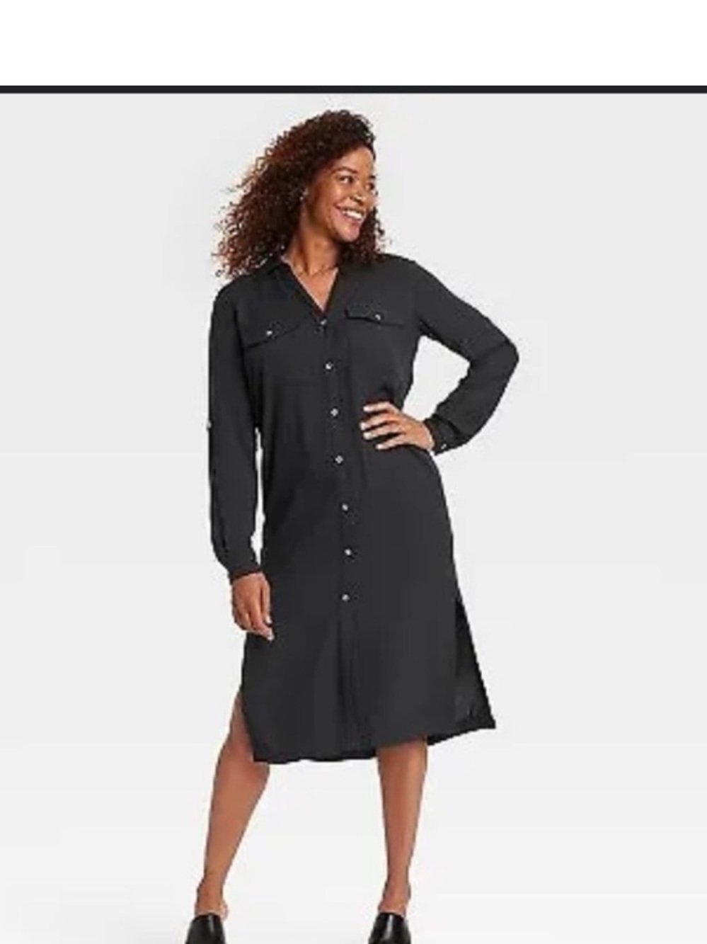 Knox Rose NWT Black Midi Shirt Dress Side Slits/ Roll Sleeves Small